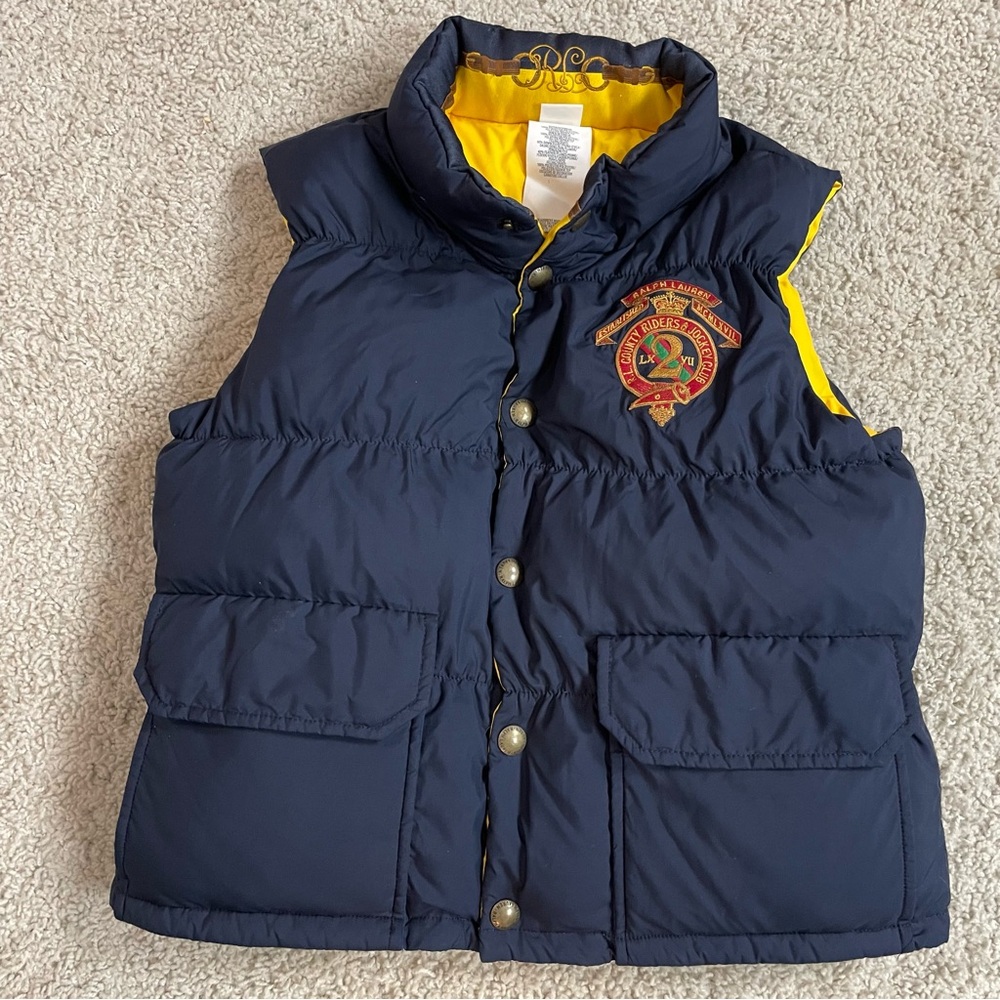 Boys POLO RALPH LAUREN Navy Blue Yellow REVERSIBLE Equestrian PUFFER Vest JACKET